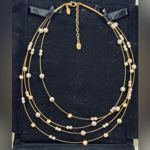 Vintage Nolan Miller Gold Multi Strand Floating Pearl & Crystal Necklace W/Case